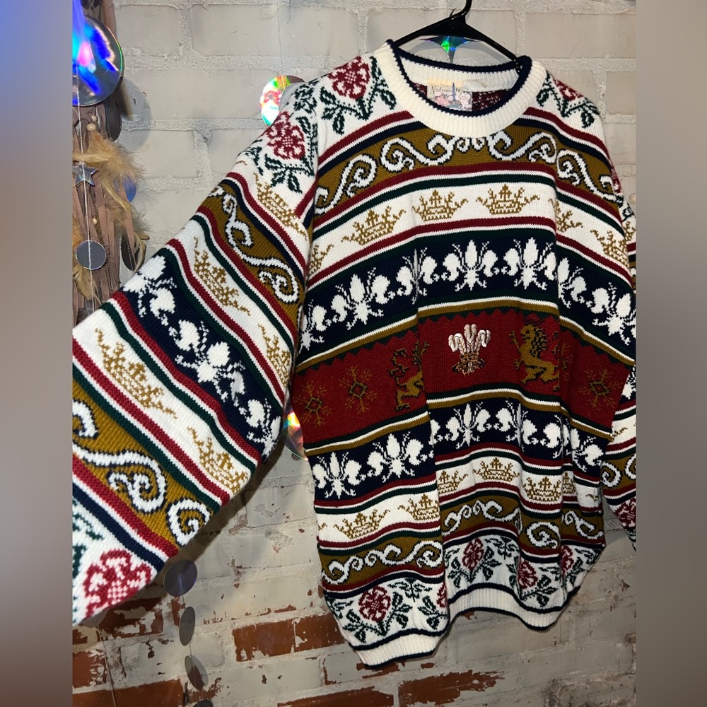 Vintage Natural New England Prince of Wales Crest Oversized Striped Sweater